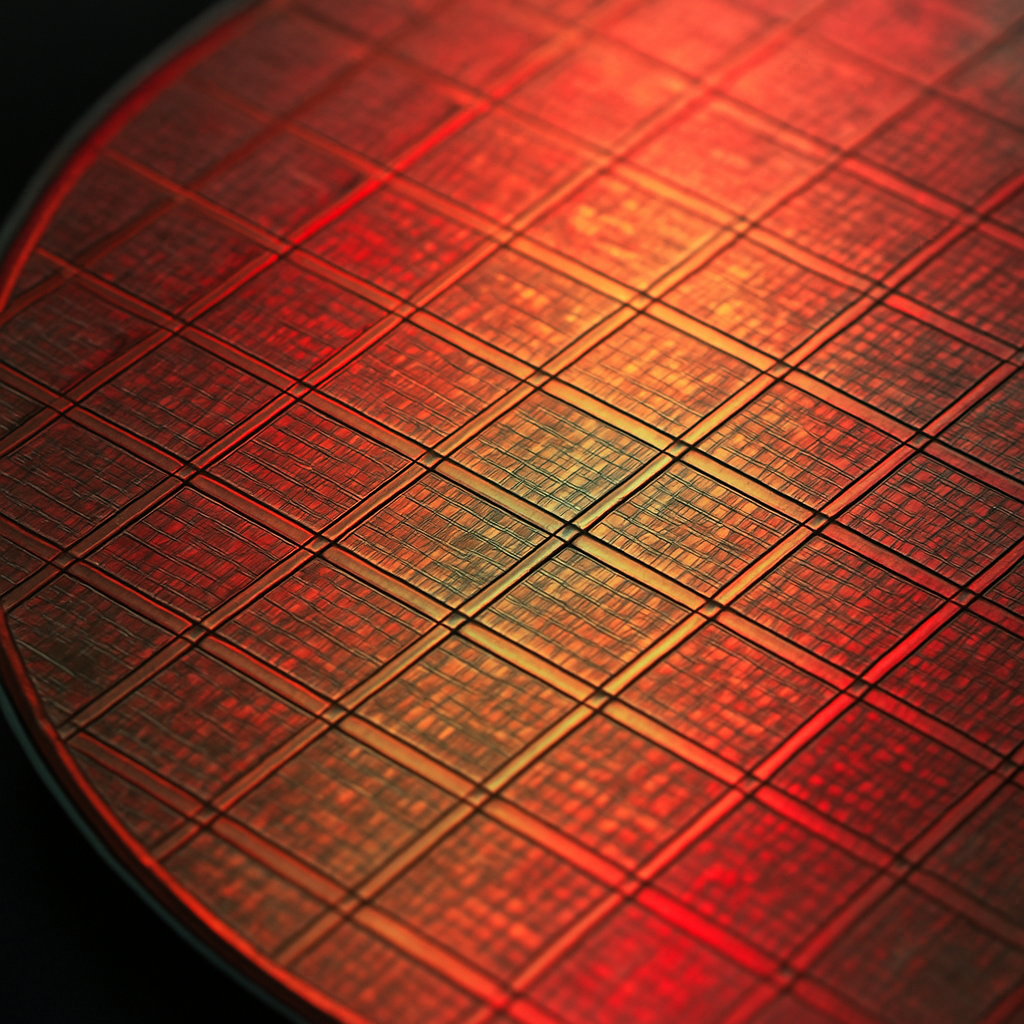 Macro detail of a 300mm Smartonds quantum wafer surface showing dense circuitry